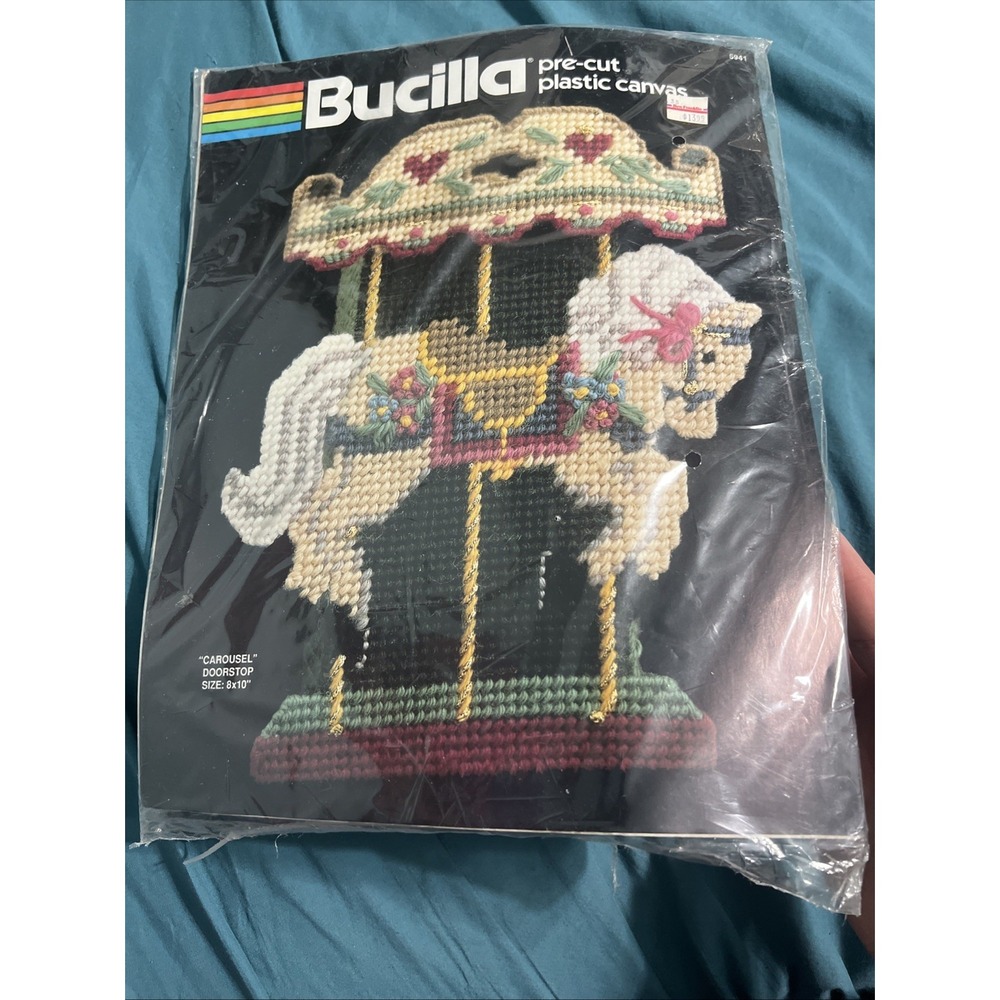 Vintage 1980s Bucilla Carousel 5941 Doorstop Pre Cut Plastic Canvas 8x10 Kit